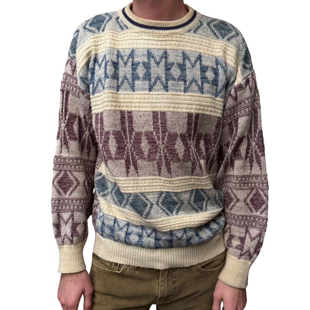 BOTANY 500 Men's Geometric Pattern Sweater Large Acrylic Long Sleeve